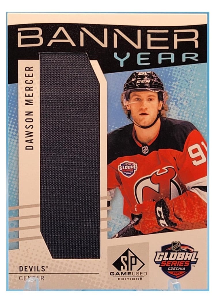 2025-26 SP Game Used 2024 Global Series Devils vs. Sabres Banner Year Relics Dawson Mercer #BYGSC-DM card