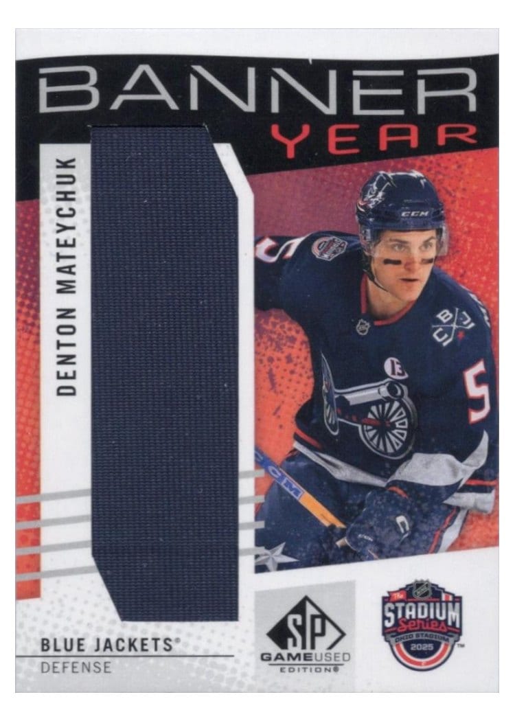 2025-26 SP Game Used 2025 Stadium Series Blue Jackets vs. Red Wings Banner Year Relics Denton Mateychuk #BYSS-DM card
