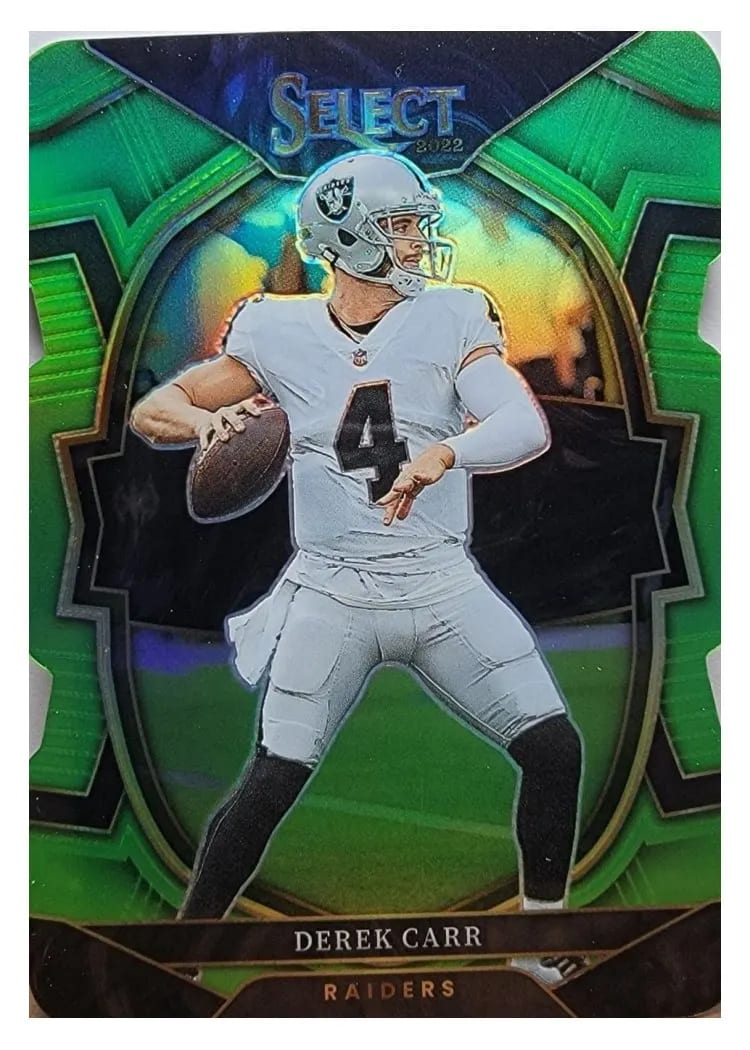 2022 Panini Select Base Set Derek Carr Neon Green Die Cut #19 card