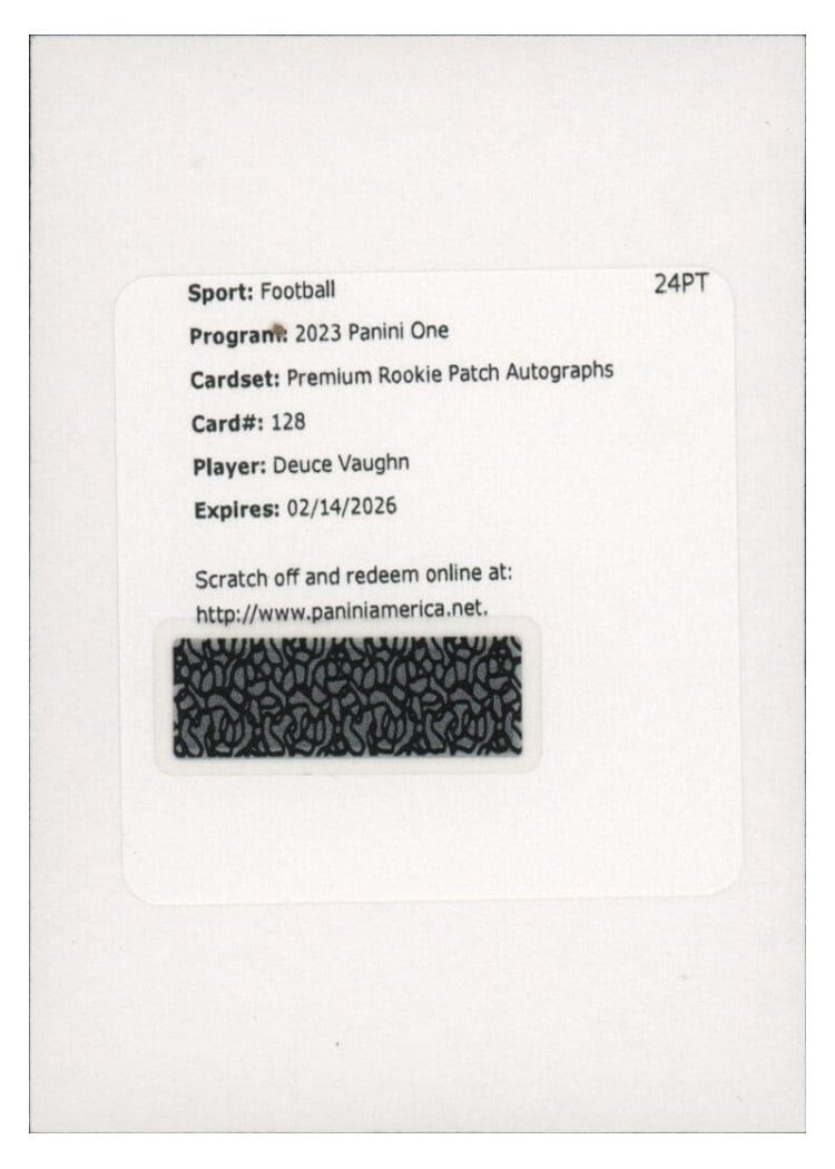 2023 Panini One Premium Rookie Patch Autographs Deuce Vaughn #128 card