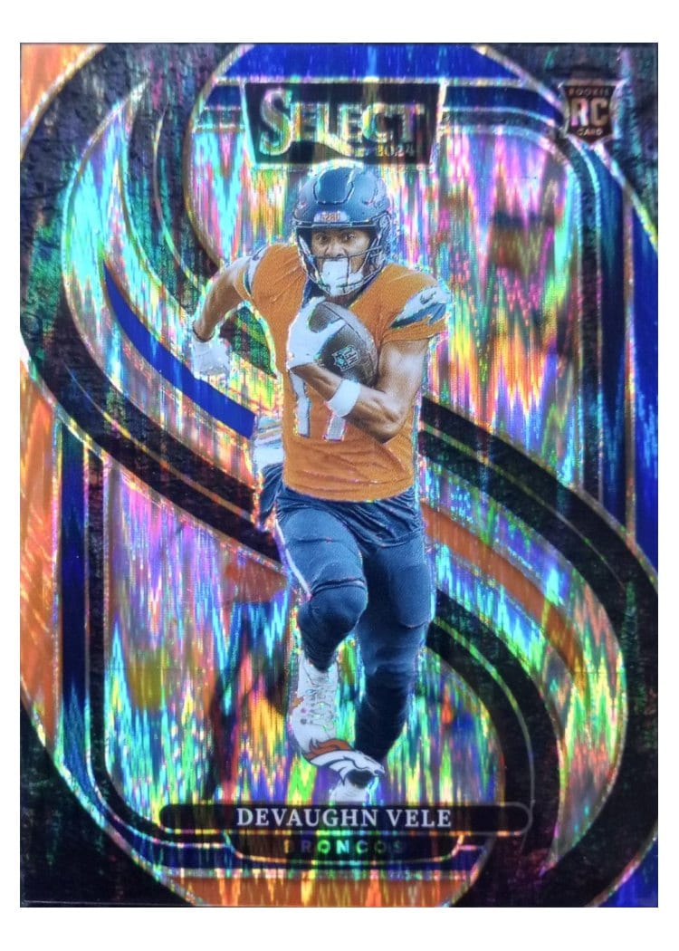 2024 Panini Select Base Set Devaughn Vele Blue Orange Prizm Shock #150 card