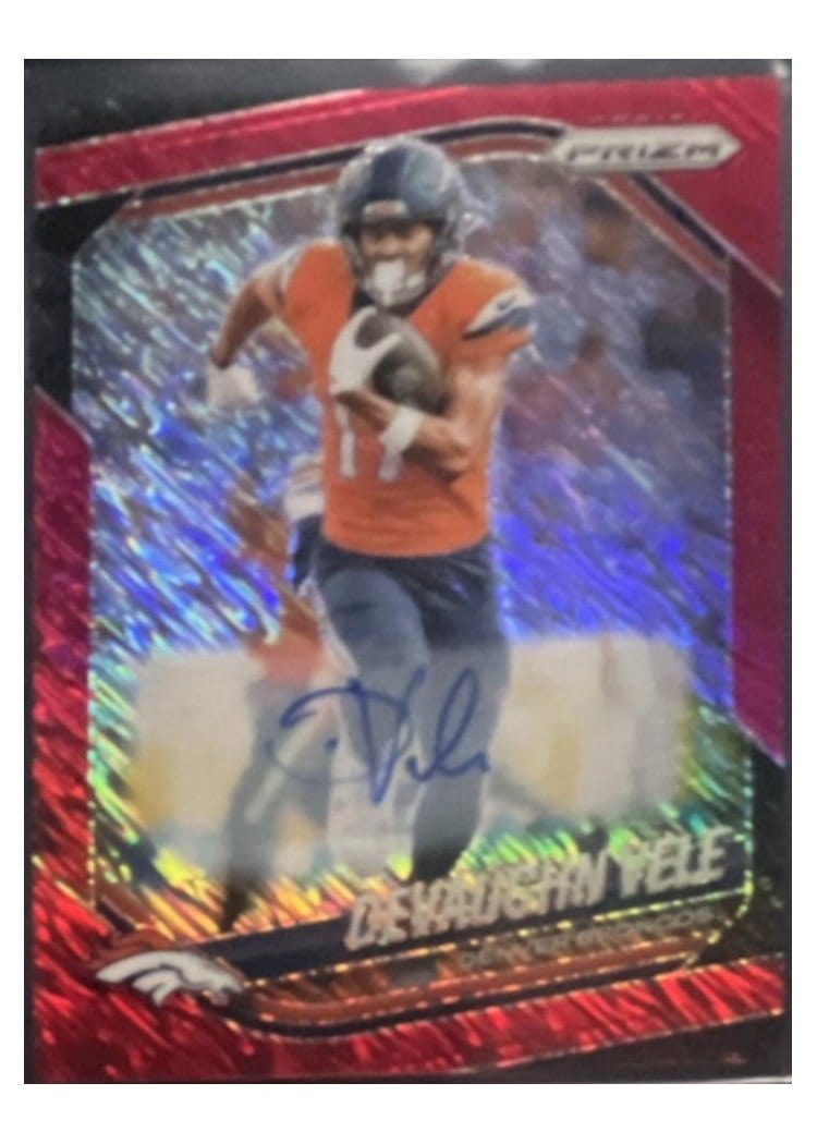 2025 Panini Prizm Base Set Devaughn Vele Red Shimmer Autograph #54 card