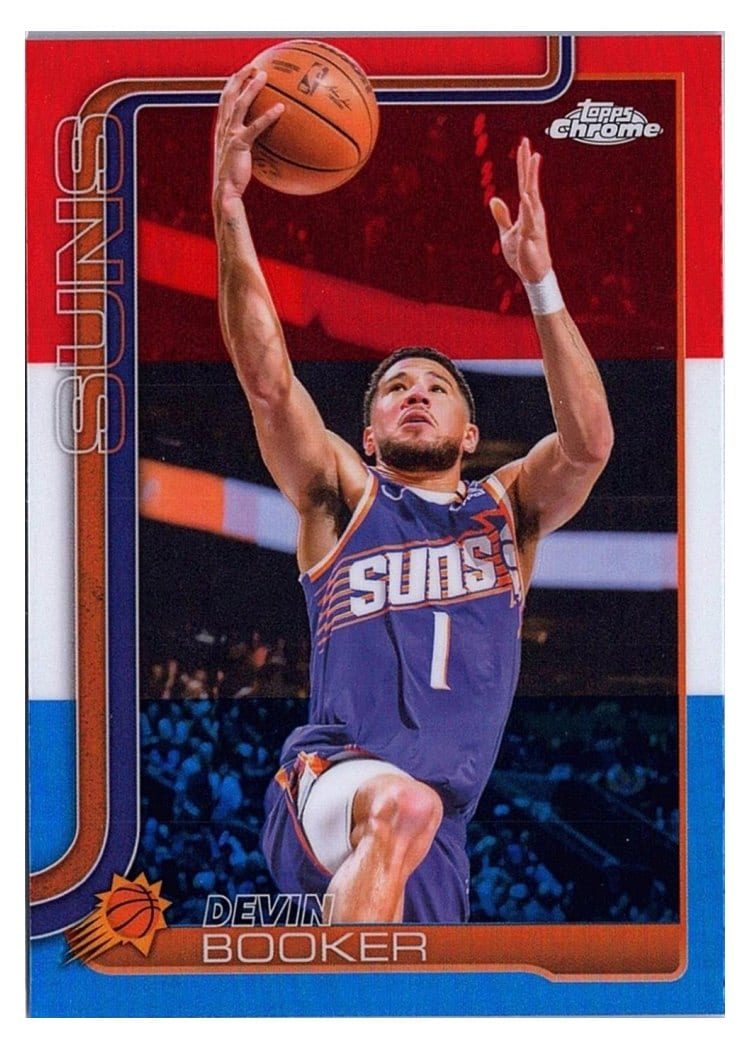 2025 Topps Chrome Devin Booker Red White Blue Refractor #195 card