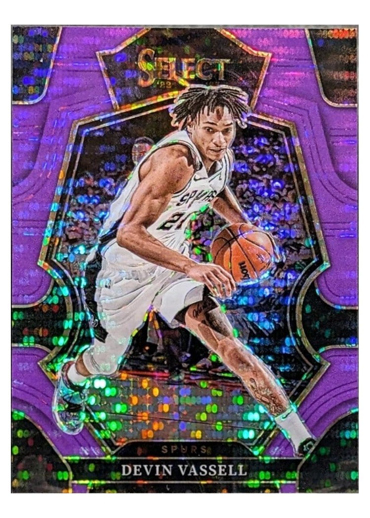 2022-23 Panini Select Base Set Devin Vassell Neon Purple Pulsar Prizm #164 card