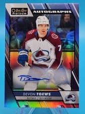 2023-24 O-Pee-Chee Platinum Blue Rainbow Autos Devon Toews #BA-DT card
