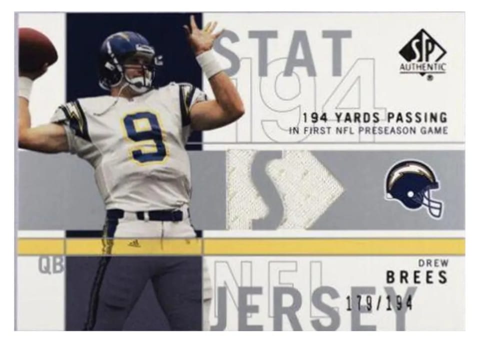 2001 SP Authentic Stat Jerseys Drew Brees 194 Yards Passing #SP-DB card