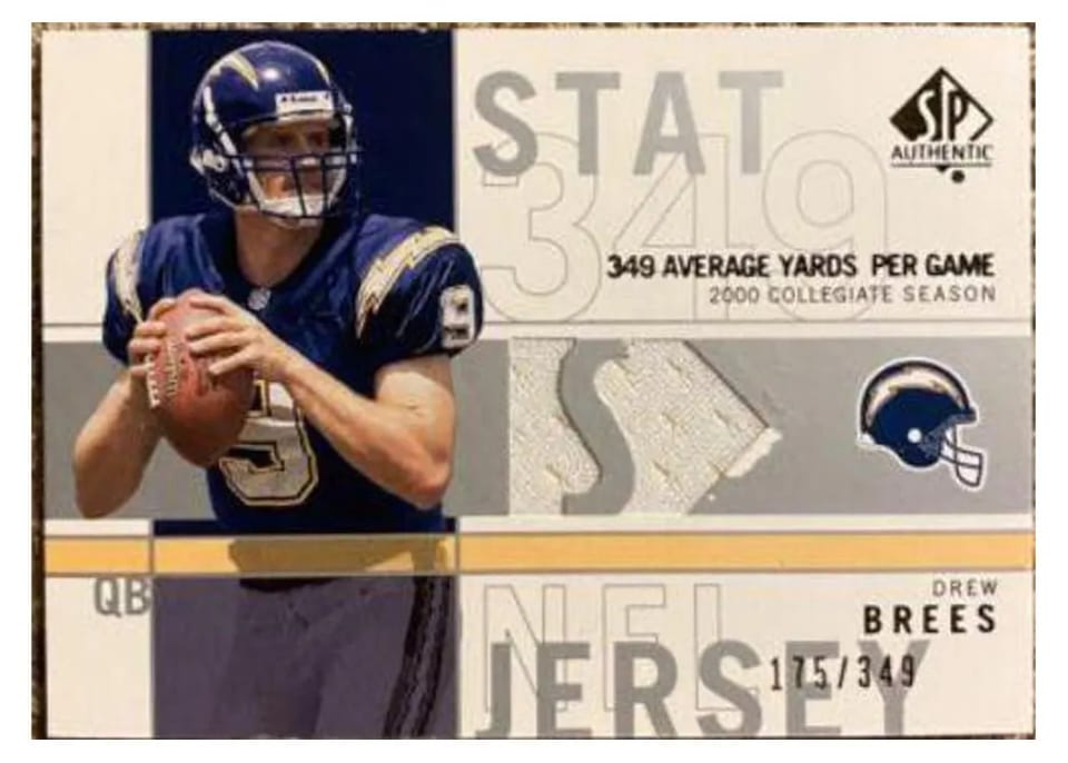 2001 SP Authentic Stat Jerseys Drew Brees 349 Avg. Yards #SP-DB card
