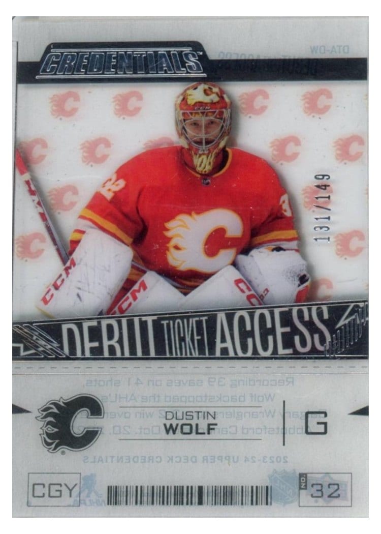 2023-24 Upper Deck Credentials Acetate Debut Ticket Access Dustin Wolf #DTA-DW card