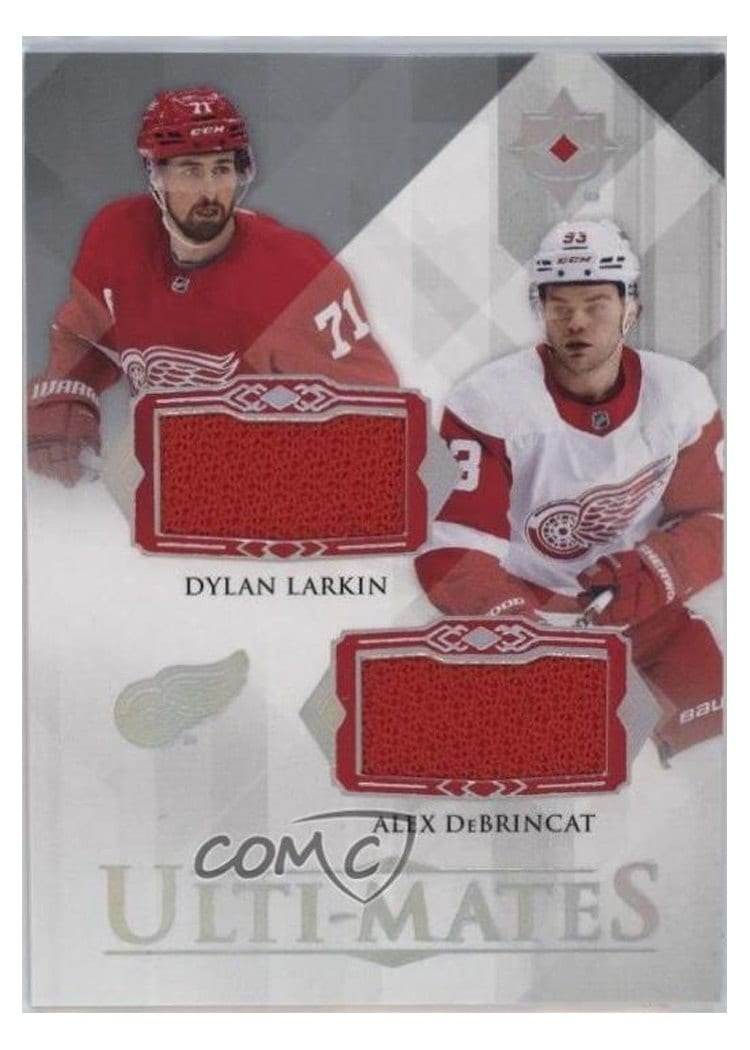 2023-24 Upper Deck Ultimate Collection Ulti-Mates Dual Jersey Dylan Larkin/Alex DeBrincat #UTM-LD card