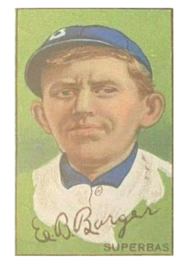 1912 T202 Hassan Triple Folder E. Barger, W. Bergen Scrambling Back to First card