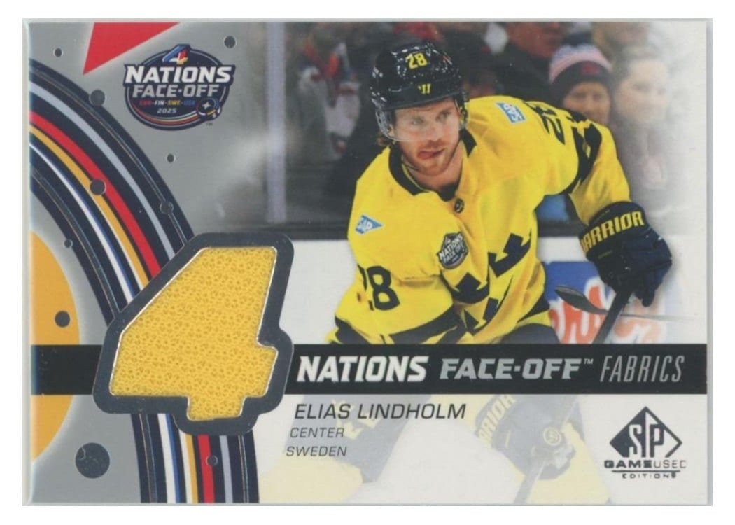 2025-26 SP Game Used 2025 4 Nations Face-Off Fabrics Elias Lindholm #4N-LE card