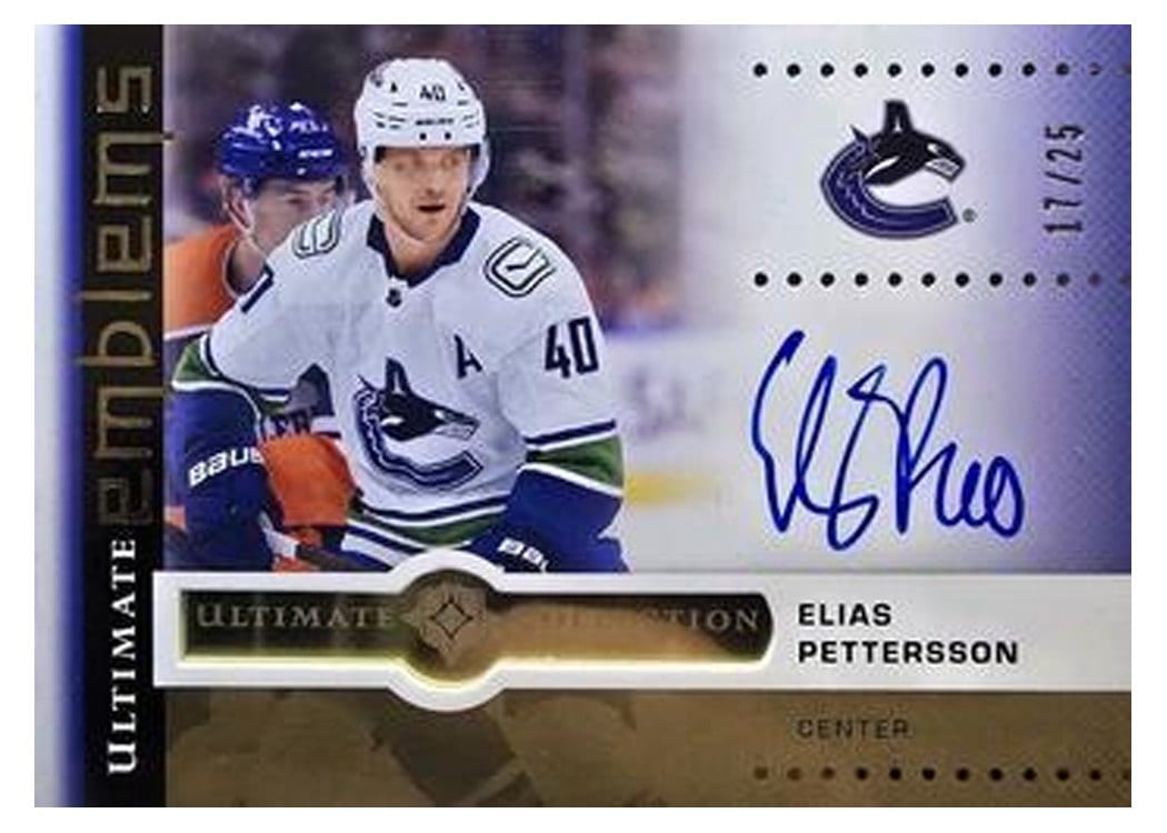 2024-25 Upper Deck Ultimate Collection Ultimate Emblems Autograph Elias Pettersson #UE-EP card