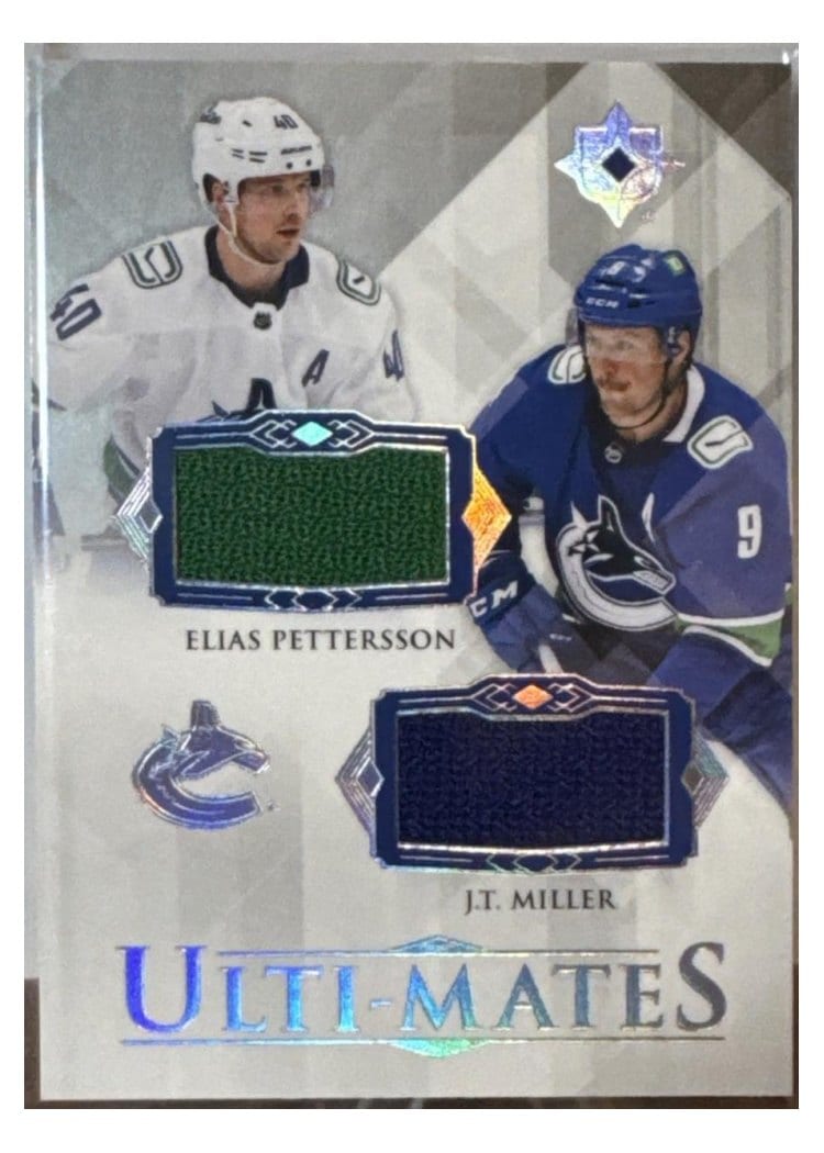2023-24 Upper Deck Ultimate Collection Ulti-Mates Dual Jersey Elias Pettersson/J.T. Miller #UTM-MP card