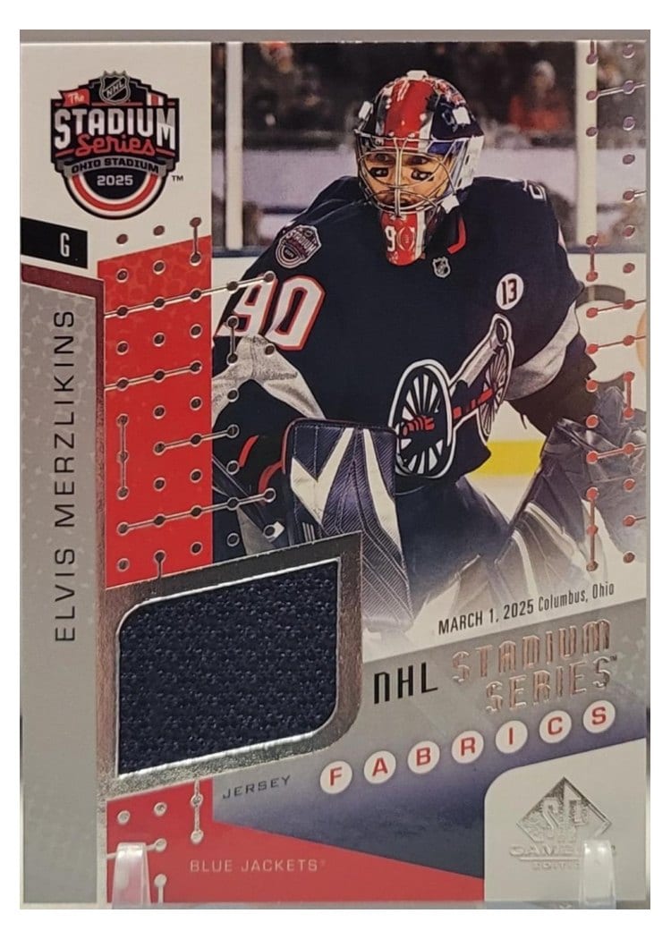 2025-26 SP Game Used 2025 Stadium Series Blue Jackets vs. Red Wings Fabrics Elvis Merzlikins #SSF-19 card