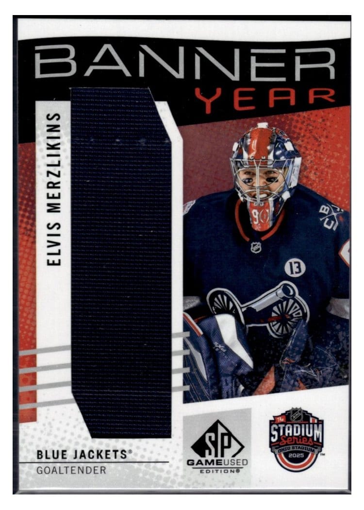 2025-26 SP Game Used 2025 Stadium Series Blue Jackets vs. Red Wings Banner Year Relics Elvis Merzlikins #BYSS-EM card