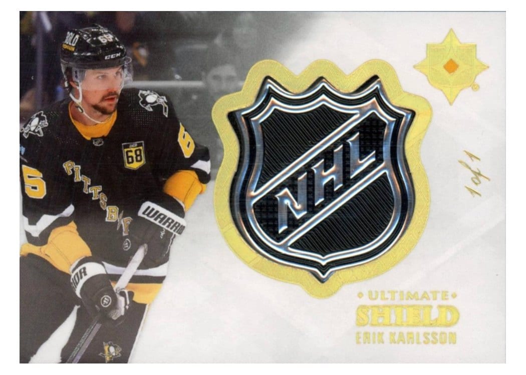 2023-24 Upper Deck Ultimate Collection Ultimate Shield Patches Parallel Erik Karlsson #USP-EK card