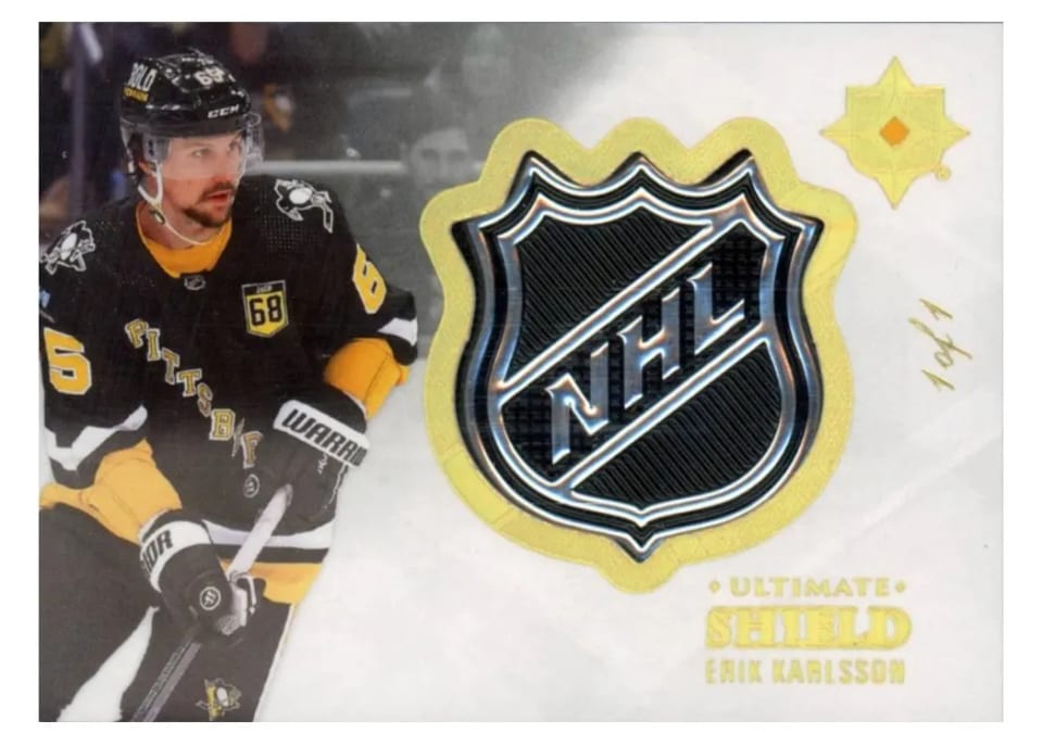 2023-24 Upper Deck Ultimate Collection Ultimate Shield Patches Parallel Erik Karlsson #USP-EK card