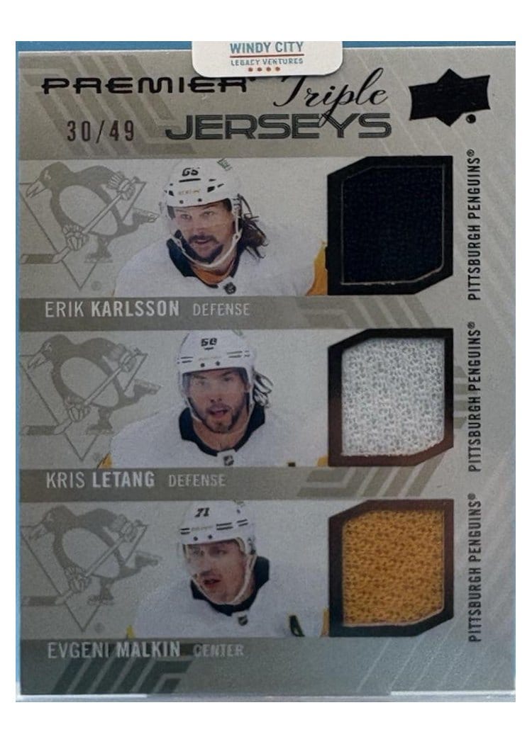 2024-25 Upper Deck Premier Premier Triple Jersey Erik Karlsson/Kris Letang/Evgeni Malkin #PT-KLM card