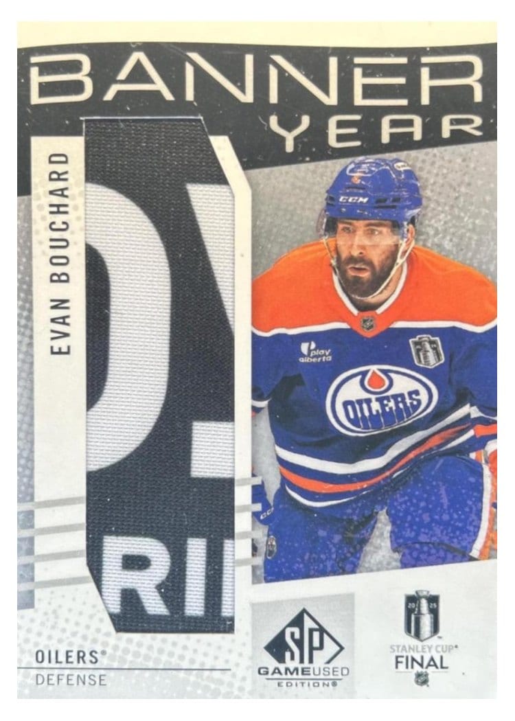 2025-26 SP Game Used 2025 Stanley Cup Finals Banner Year Relics Evan Bouchard #BYSC-EB card