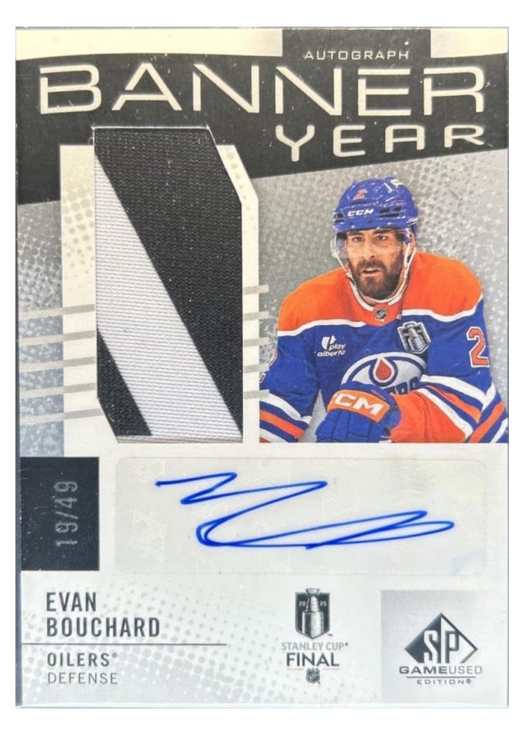 2025 SP Game Used Stanley Cup Finals Banner Year Auto Relic Evan Bouchard #BYA-EB card