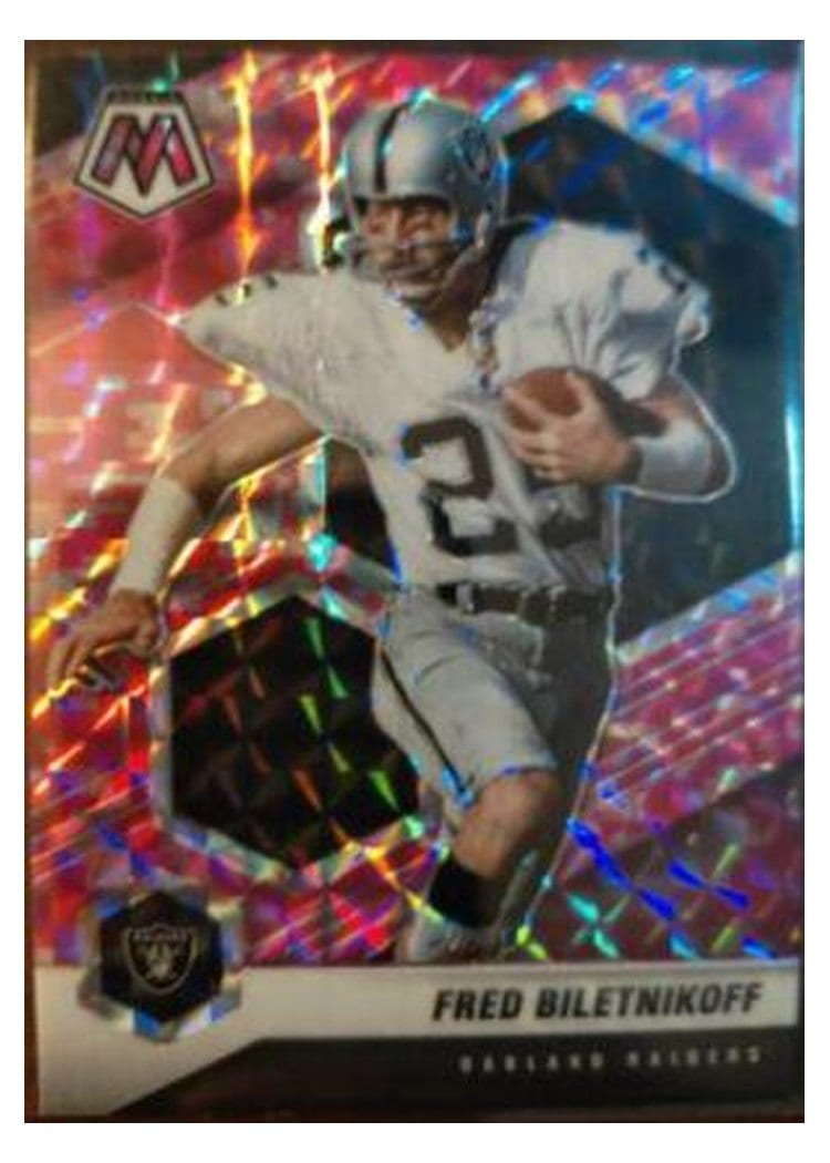2021 Panini Mosaic Base Set Fred Biletnikoff Camo Pink Mosaic #105 card