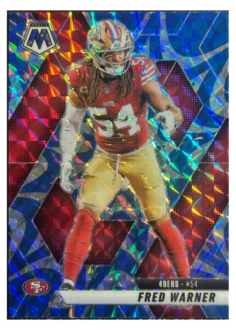 2025 Panini Mosaic Base Set Fred Warner Blue Sparkle #165 card