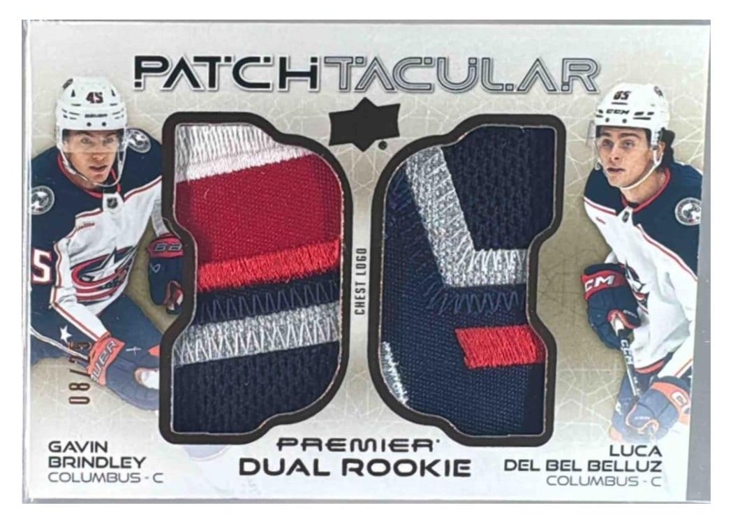2024-25 Upper Deck Premier Dual Rookie Patch-Tacular Relics Gavin Brindley/Luca Del Bel Belluz #DRPT-BB card