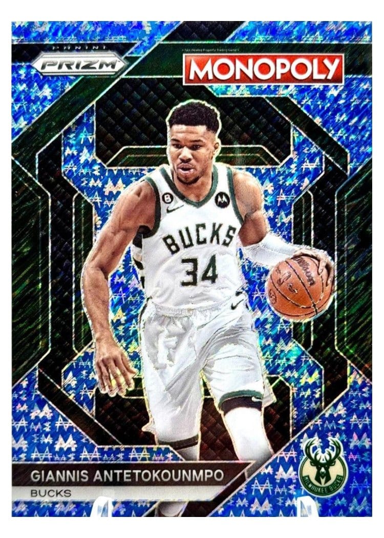 2023-24 Panini Prizm Monopoly Base Set Giannis Antetokounmpo Blue Millionaire Shimmer #49 card