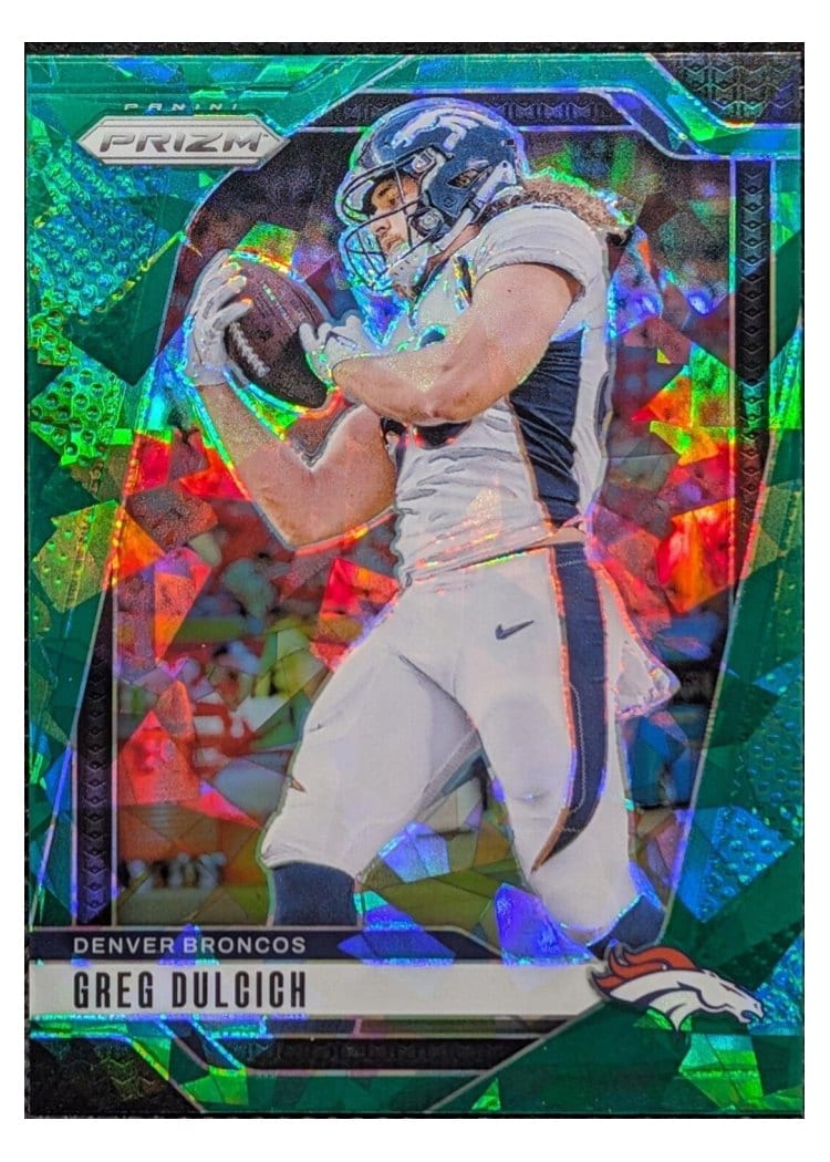 2024 Panini Prizm Base Set Greg Dulcich Green Ice #85 card