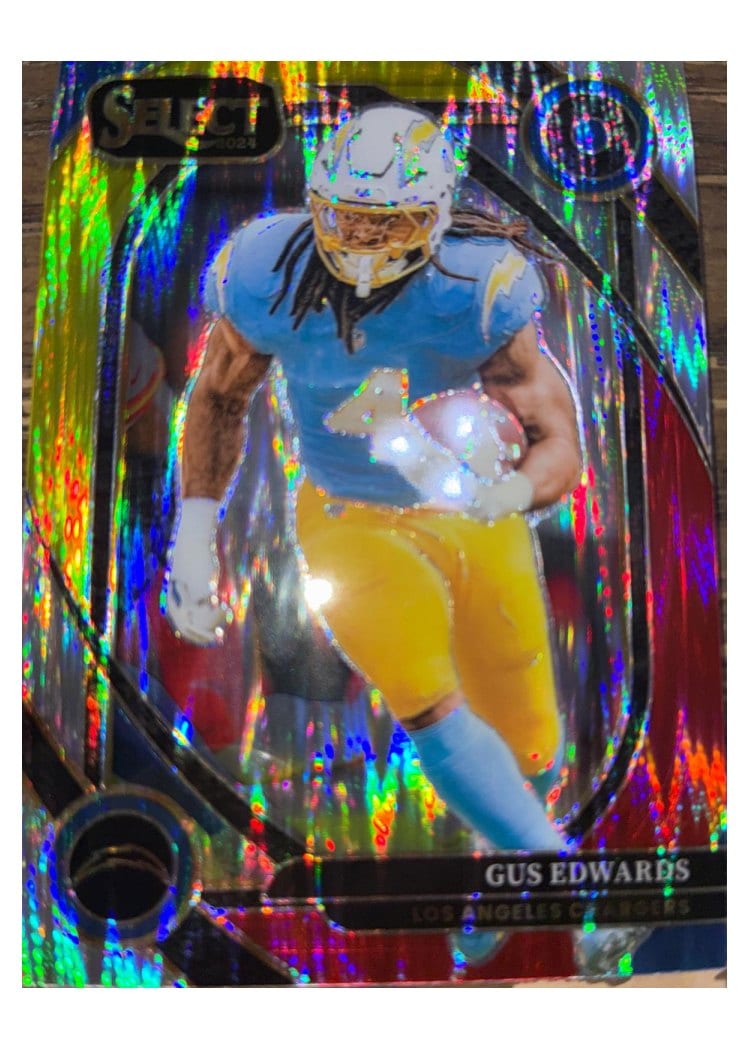 2024 Panini Select Base Set Gus Edwards Red Yellow Prizm Shock #258 card