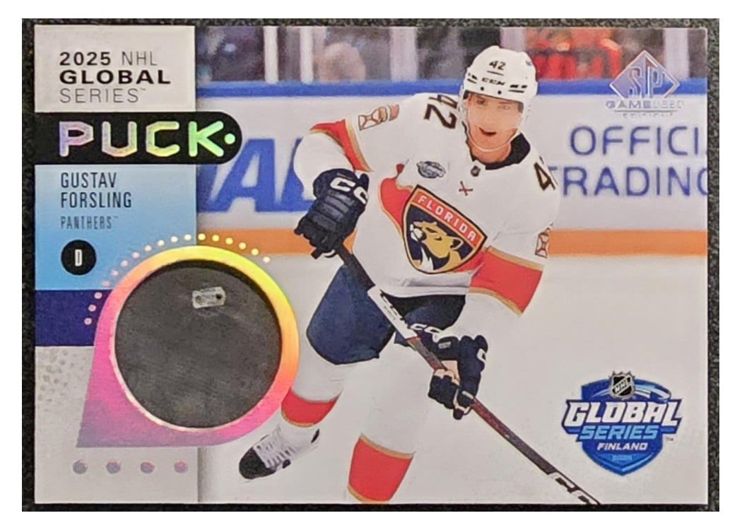 2025-26 SP Game Used 2024 Global Series Stars vs. Panthers Puck Relics Gustav Forsling #GSP-GF card