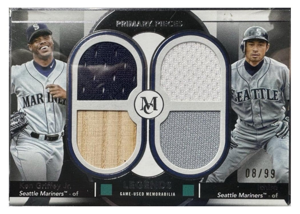 2024 Topps Museum Collection Dual Player Primary Pieces Quad Relics Legends Ichiro / Ken Griffey Jr. #DPQL-GJI card
