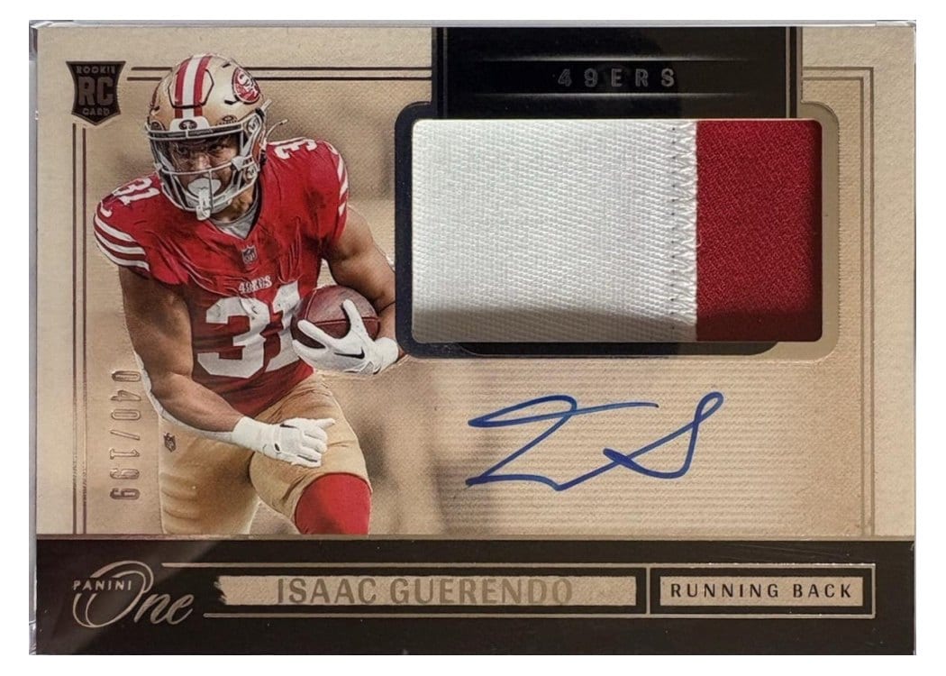 2024 Panini One Rookie Patch Autographs Isaac Guerendo #25 card