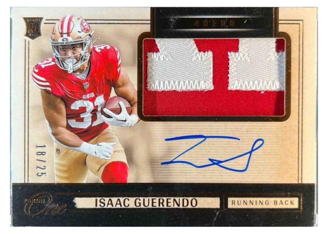 2024 Panini One Rookie Patch Autographs Isaac Guerendo #25 card