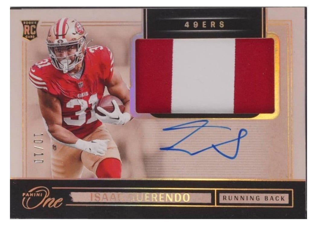 2024 Panini One Rookie Patch Autographs Isaac Guerendo #25 card