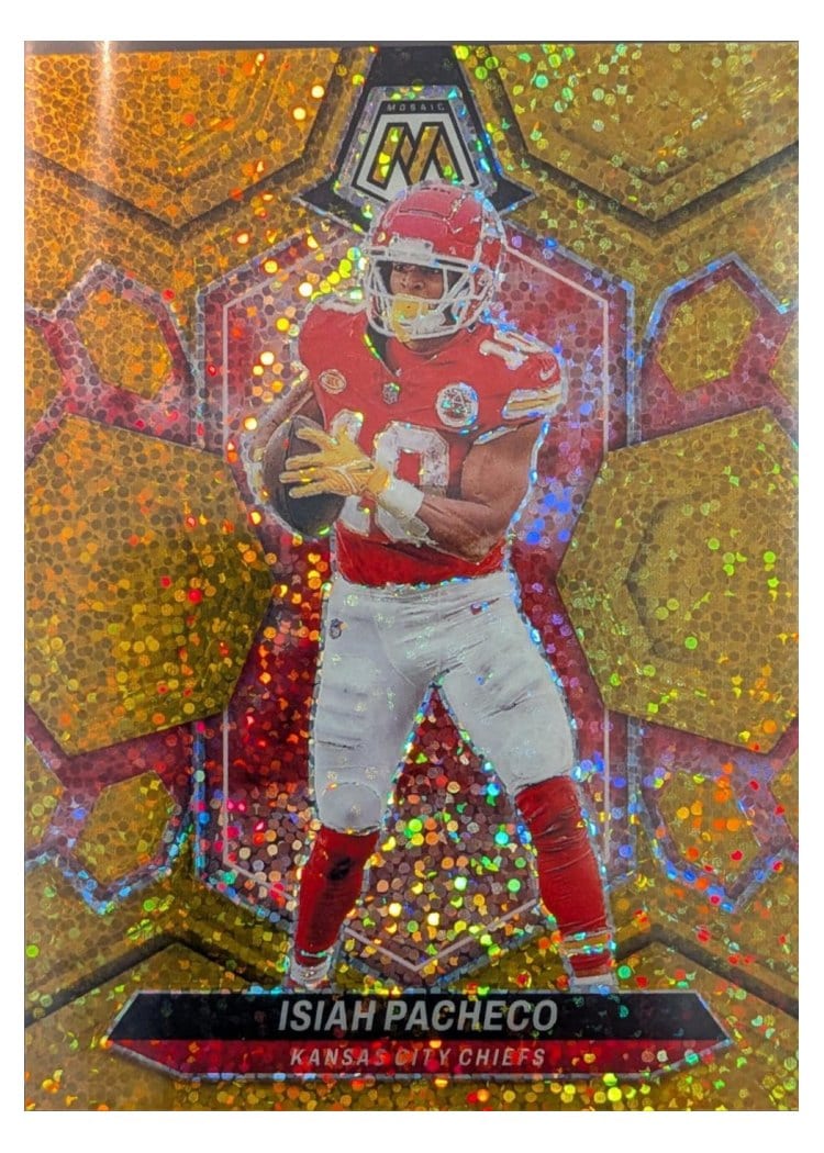 2024 Panini Mosaic Base Set Isiah Pacheco Gold Sparkle #107 card