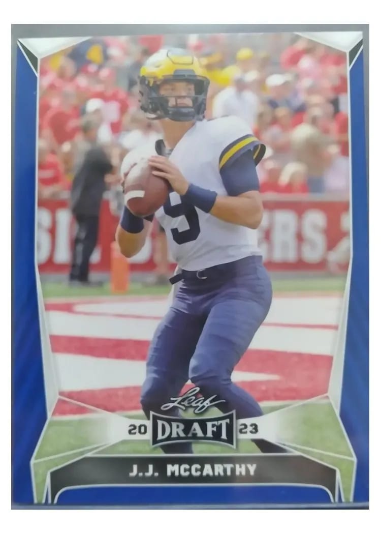 2023 Leaf Draft J. J. McCarthy Blue #22 card