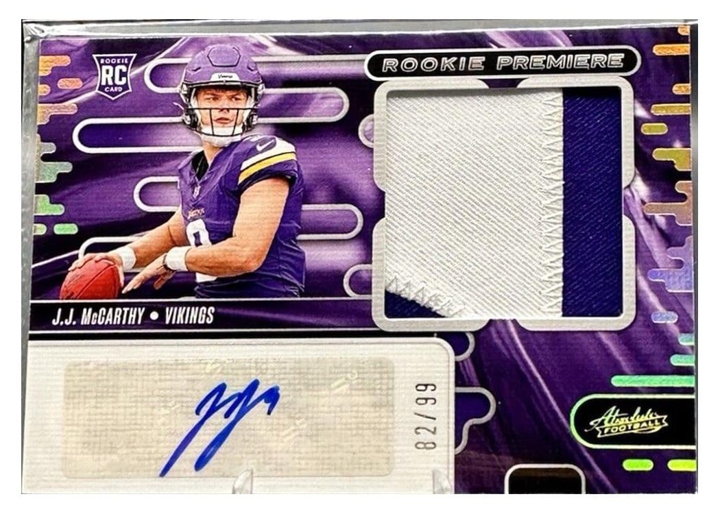 2024 Panini Absolute Rookie Premiere Materials Autographs J.J. McCarthy #RPMA-JMY card