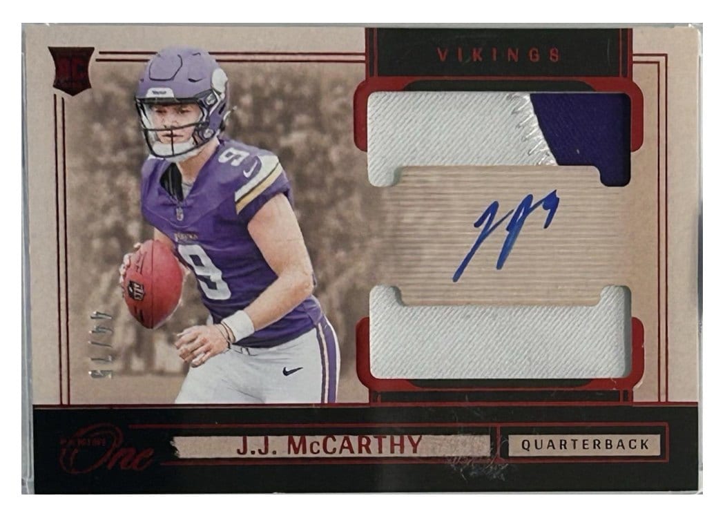 2024 Panini One Rookie Dual Patch Autographs J.J. McCarthy #31 card