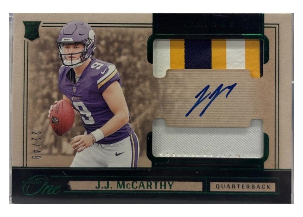 2024 Panini One Rookie Dual Patch Autographs J.J. McCarthy #31 card