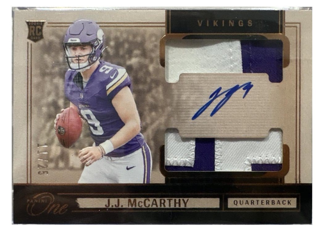 2024 Panini One Rookie Dual Patch Autographs J.J. McCarthy #31 card