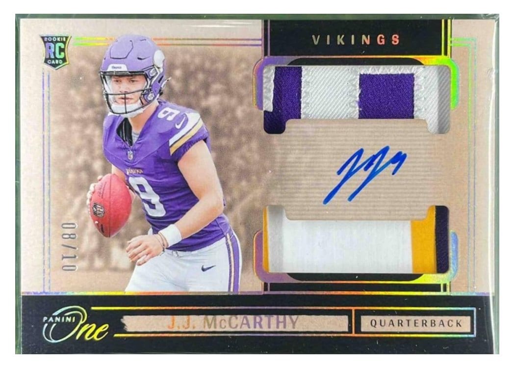 2024 Panini One Rookie Dual Patch Autographs J.J. McCarthy #31 card