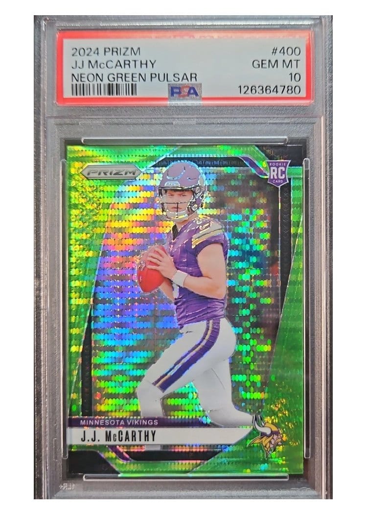 2024 Panini Prizm Base Set J.J. McCarthy Neon Green Pulsar #400 card