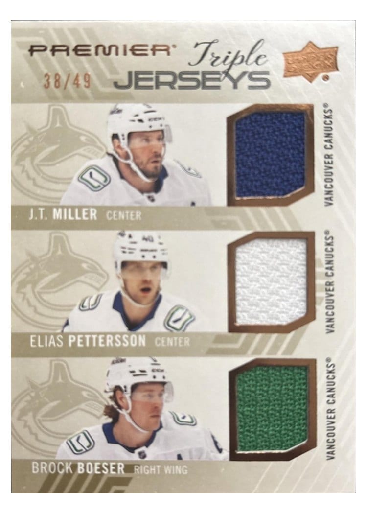 2024-25 Upper Deck Premier Premier Triple Jersey J.T. Miller/Elias Pettersson/Brock Boeser #PT-MPB card