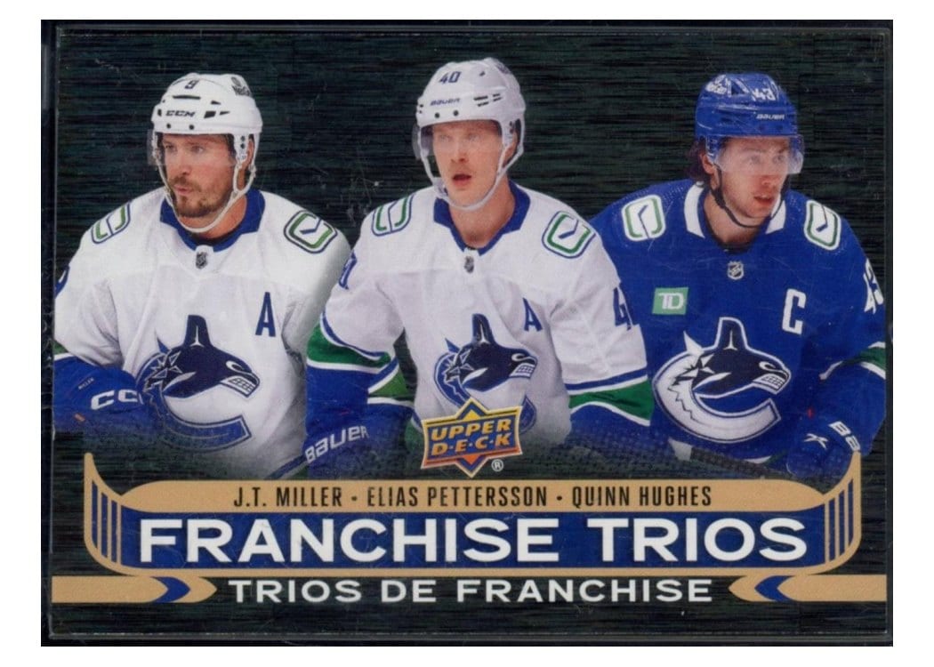 2024-25 Tim Hortons Collectors Series Franchise Trios J.T. Miller/Elias Pettersson/Quinn Hughes #FT-2 card