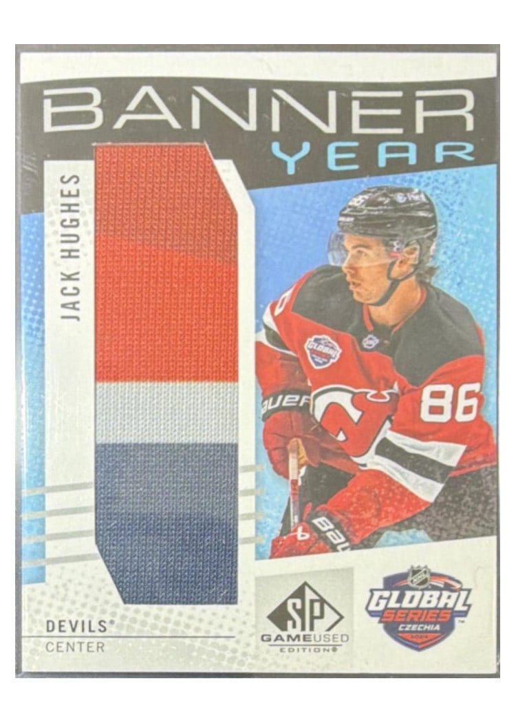 2025-26 SP Game Used 2024 Global Series Devils vs. Sabres Banner Year Relics Jack Hughes #BYGSC-JH card