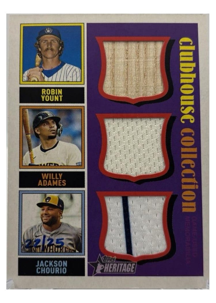 2025 Topps Heritage Clubhouse Collection Triple Player Relics Jackson Chourio / Robin Yount / Willy Adames #CCTR-YAC card