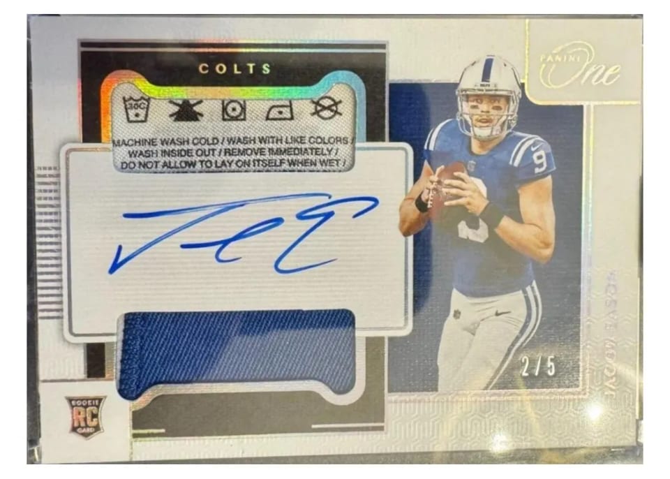 2020 Panini One Jacob Eason Patch Autograph Platinum #13 card