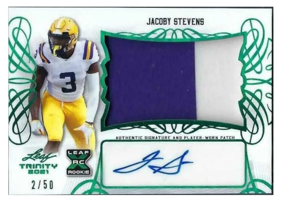 2021 Leaf Trinity Patch Autographs JaCoby Stevens Green #PA-JS1 card