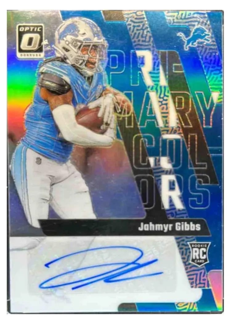 Jahmyr Gibbs 2023 Panini Donruss Optic Rookie Primary Colors Autograph card